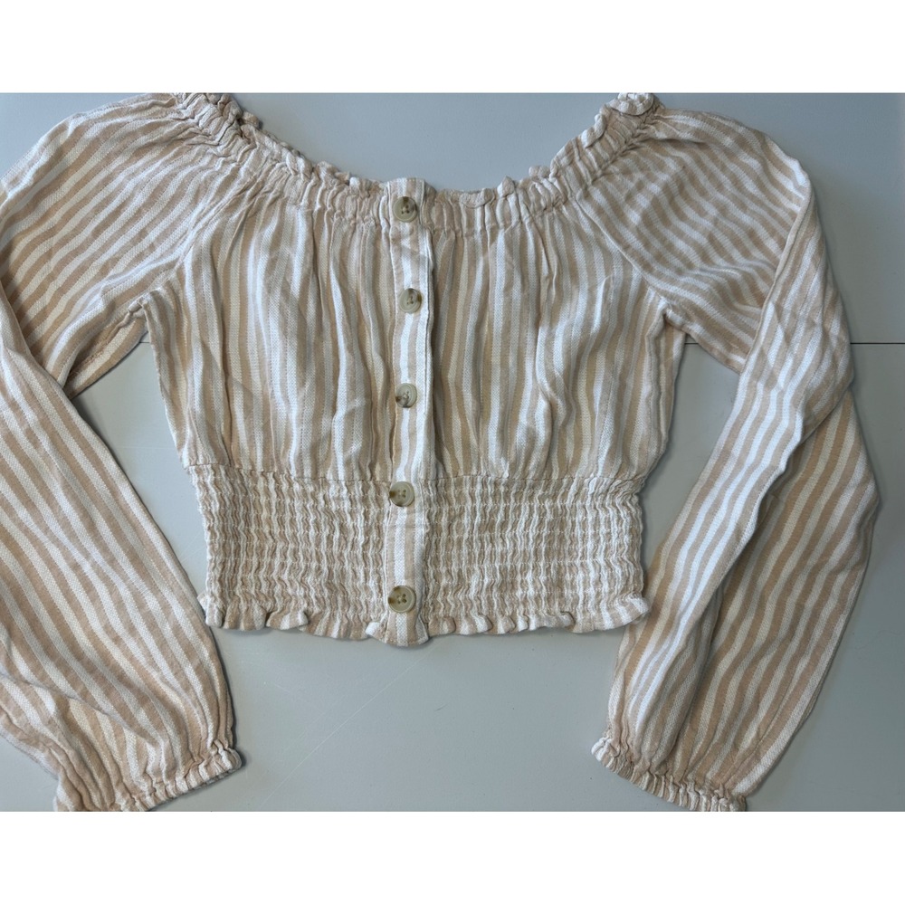 Aeropostale Womens XS Tan White Striped Smocked Button Front Crop Peasant Top